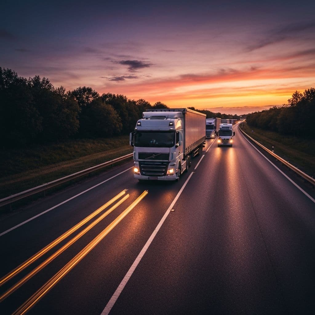 Highway with freight trucks at sunset